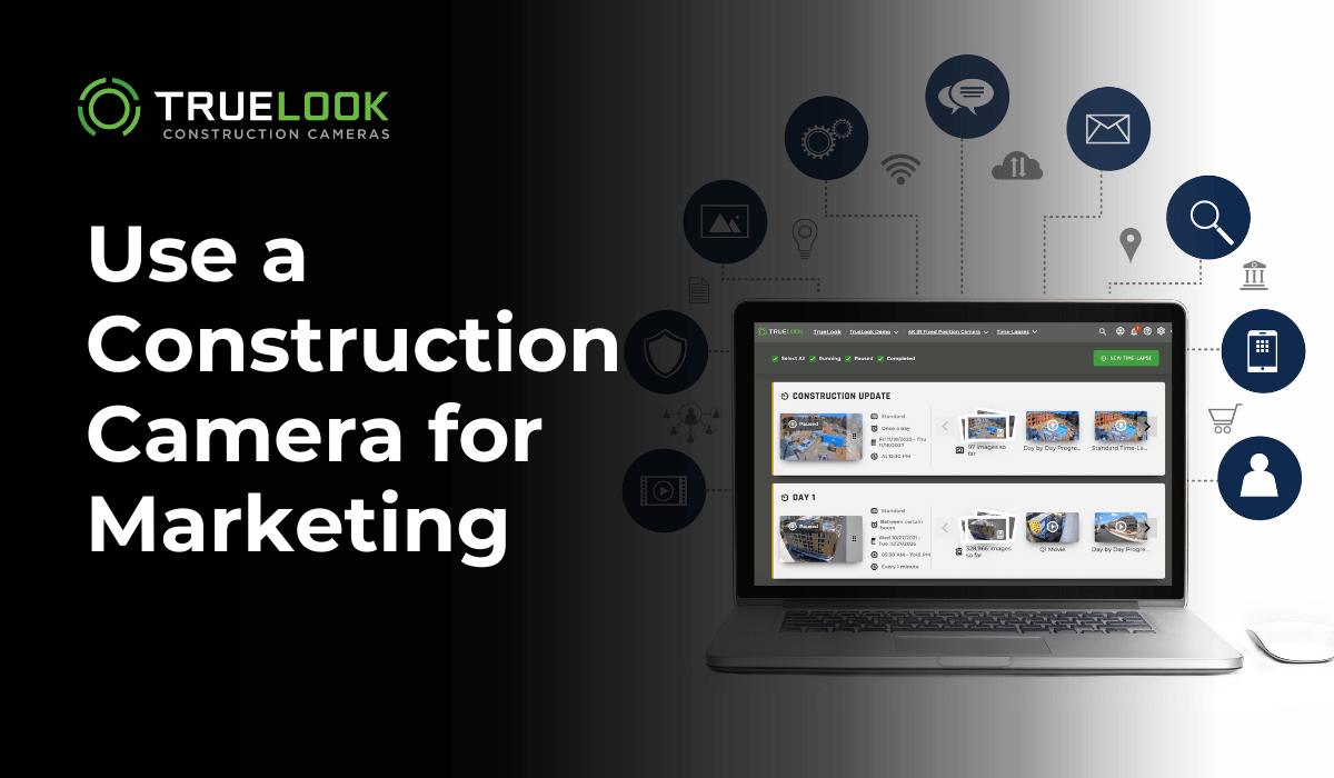 Use a Construction Camera for Marketing, with a laptop and marketing icons