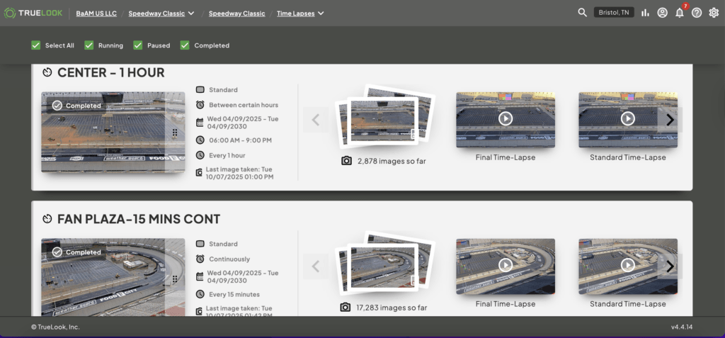 Screenshot of TrueLook platform showing how stakeholders can view time-lapses and photos which is an advantage of using time-lapses for construction