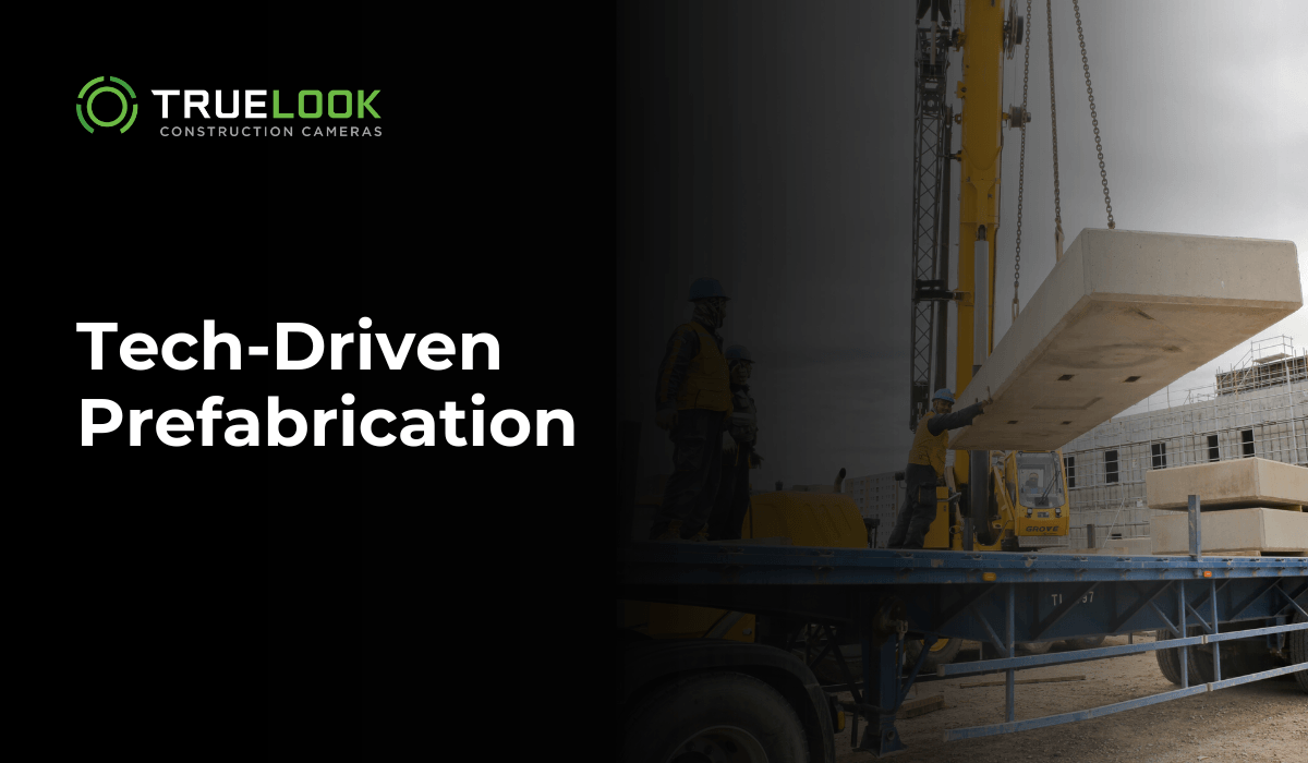 Tech-Driven Prefabrication, with a crane lifting a prefabricated panel