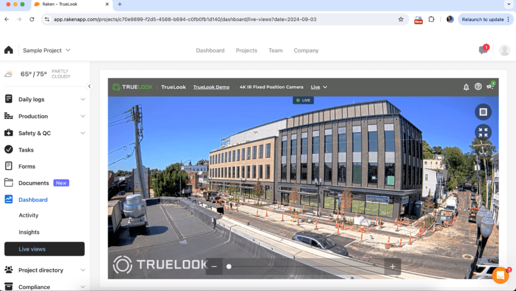 Screenshot of the Raken and TrueLook integration where you can see the raken tabs on the left and the TrueLook live feed in the center 