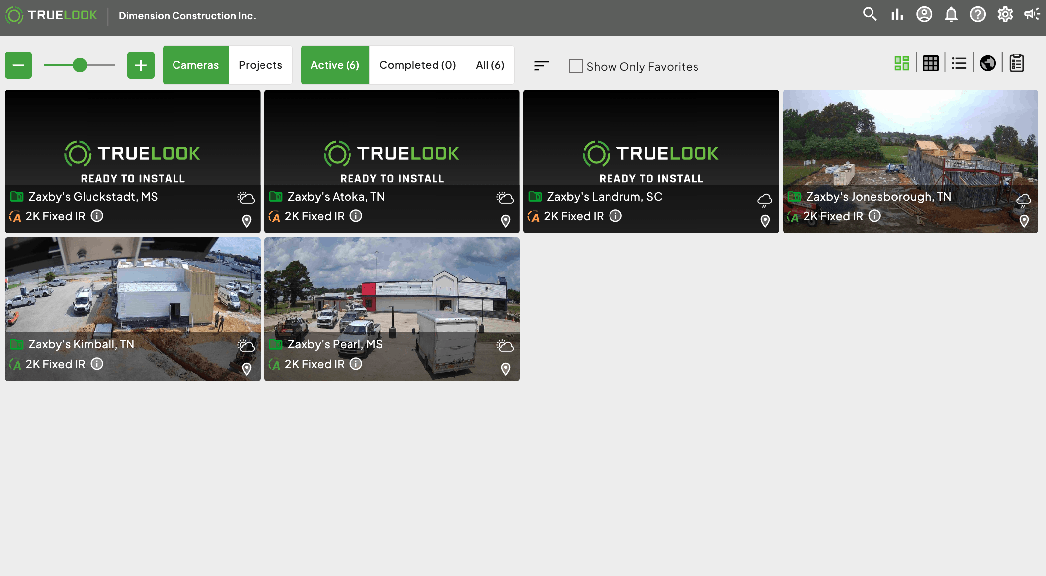 A screenshot of the TrueLook platform that shows all of Dimension Construction's active projects