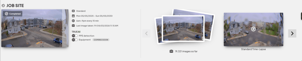 Screenshot of TrueLook construction cameras platform on the time-lapse page, showing all of the progress documented