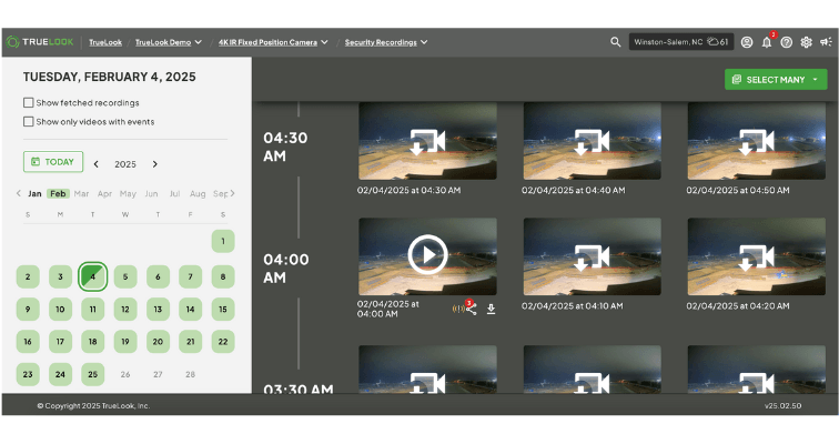 TrueLook security recordings calendar with video thumbnails
