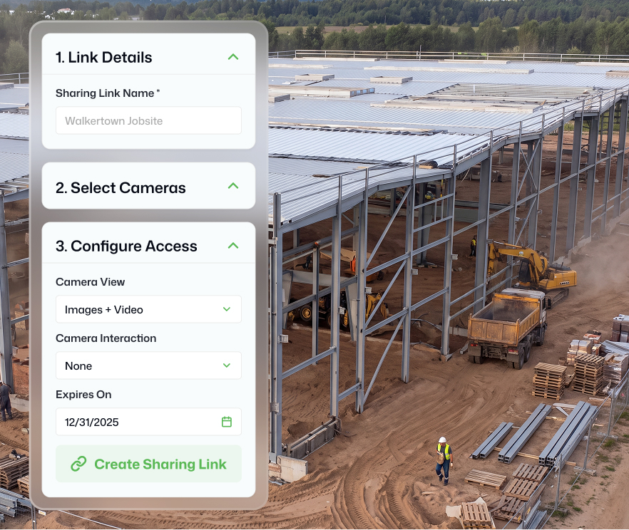 Mock up of the TrueLook platform's sharing center showing that you can give access to certain features to certain people and have it expire