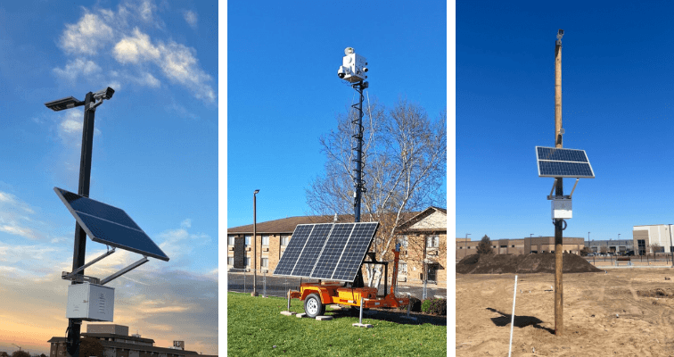 a fixed construction camera with a solar panel, a TrueShield unit with a solar trailer, and another construction camera on a pole with a solar panel showing off solar powered cameras