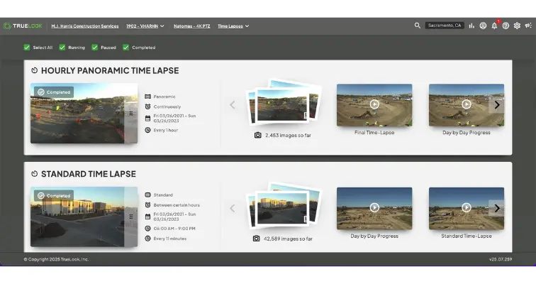 time-lapses and images captured in the TrueLook platform by a camera on a camera trailer