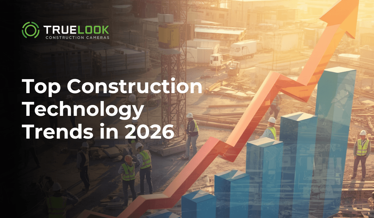 Top Construction Technology Trends in 2026, with a rising chart over a jobsite