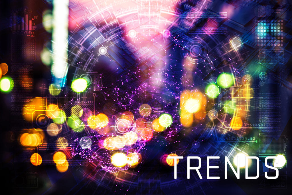 Colorful bokeh lights with the word Trends