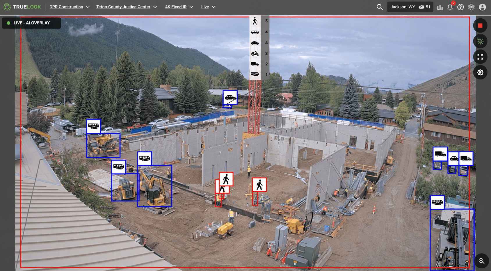 Construction site live view with an AI overlay on it showing what each item is