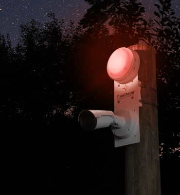 TrueDeter camera with red strobe light on a pole at night