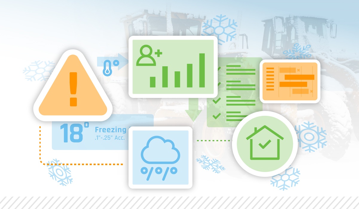 Illustration of winter weather, staffing, and scheduling icons for a construction slowdown