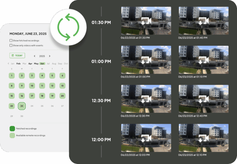 Calendar of recordings with auto-fetch icon and time-stamped jobsite video clips