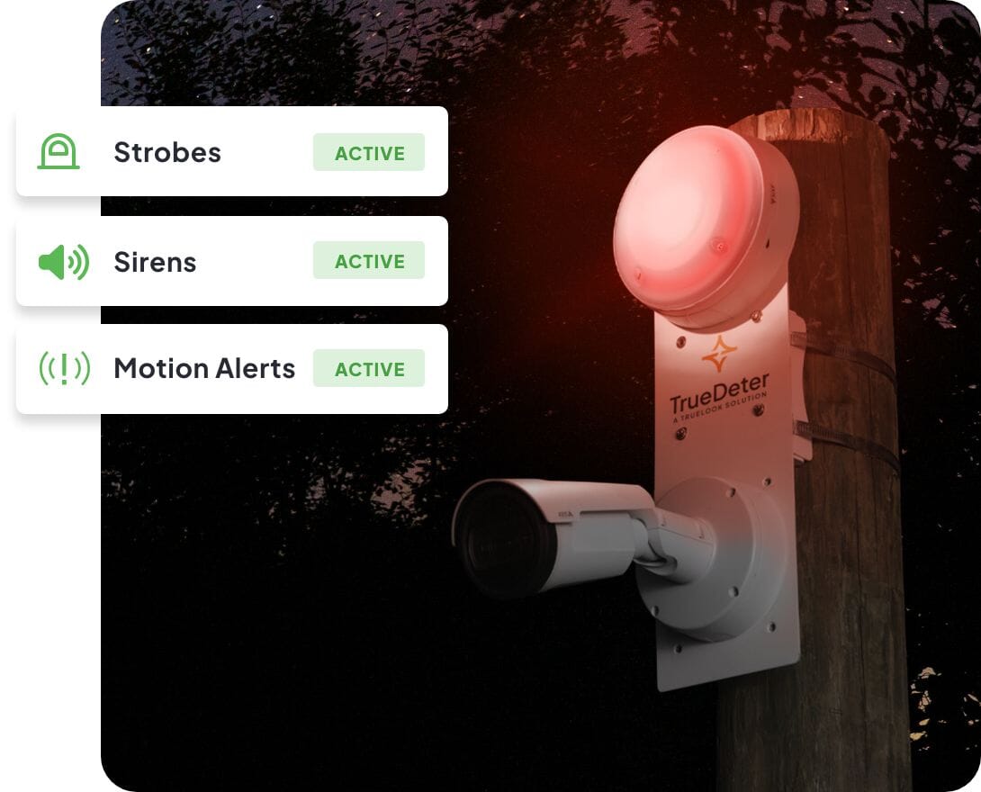 TrueDeter camera with strobe light on in the dark with strobe, sirens, and motion alert icons