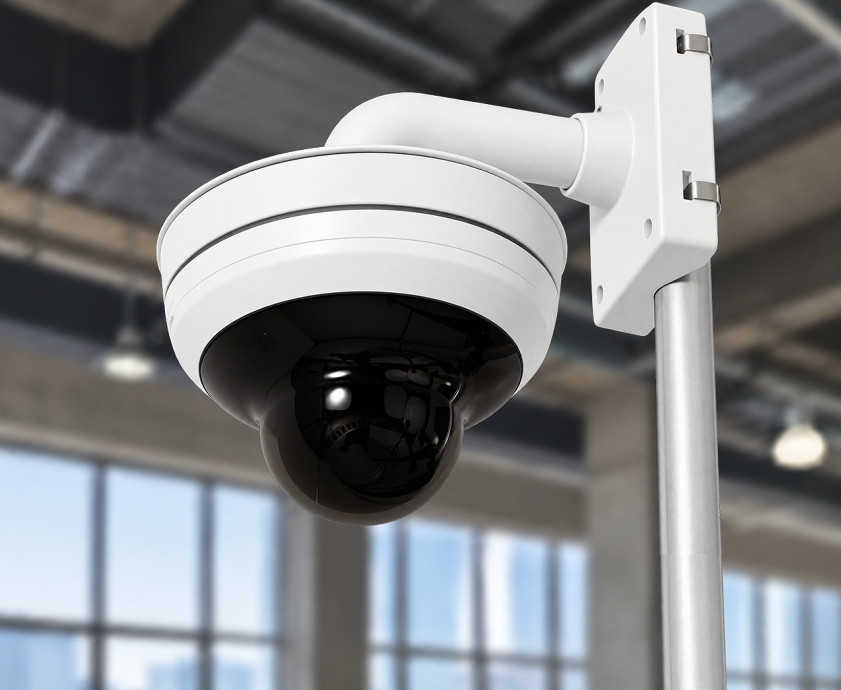TrueLook interior dome camera mounted on a pole inside a building under construction