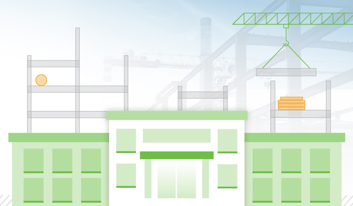 Illustration of a campus building under renovation with a crane
