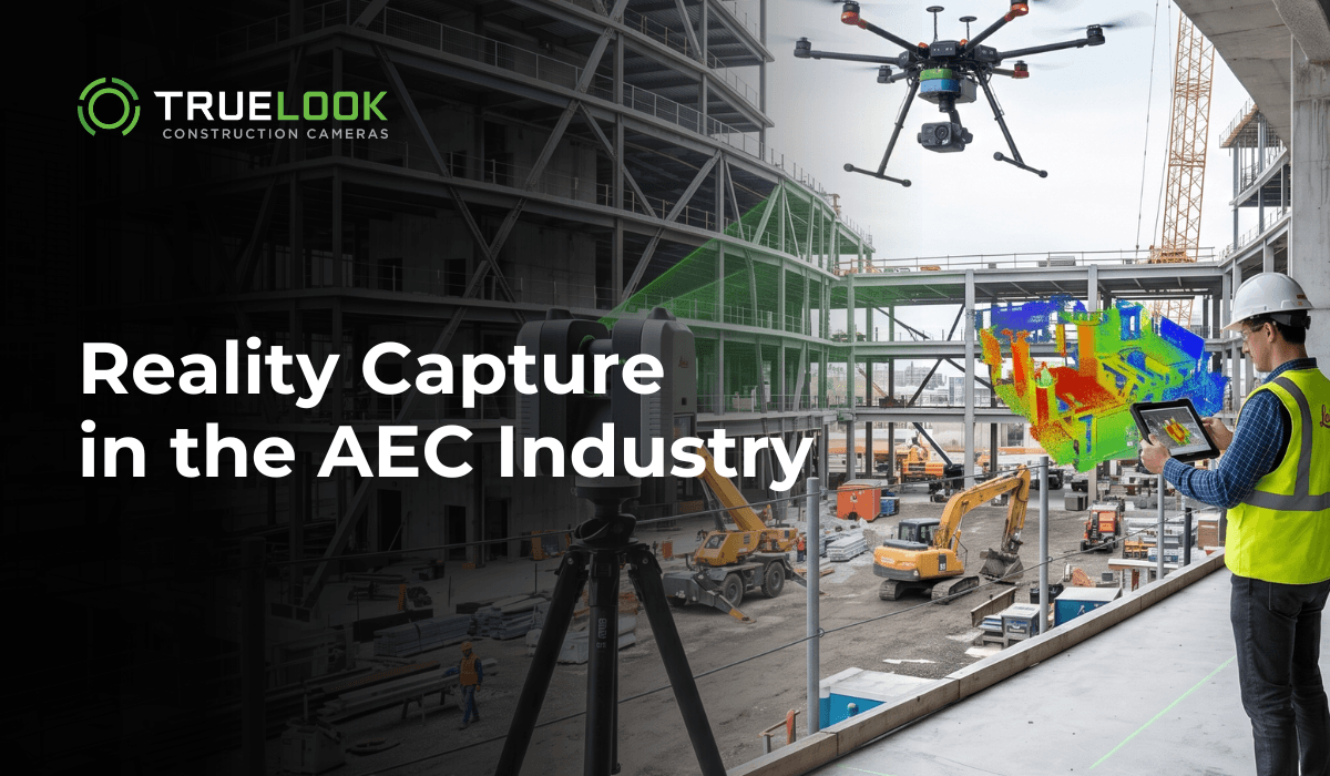 Reality Capture in the AEC Industry, with a drone and a worker holding a tablet