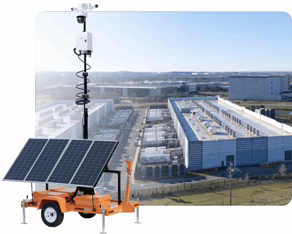 A TrueLook mobile surveillance trailer in front of a data center construction project showcasing that utility construction builds are increased by data centers