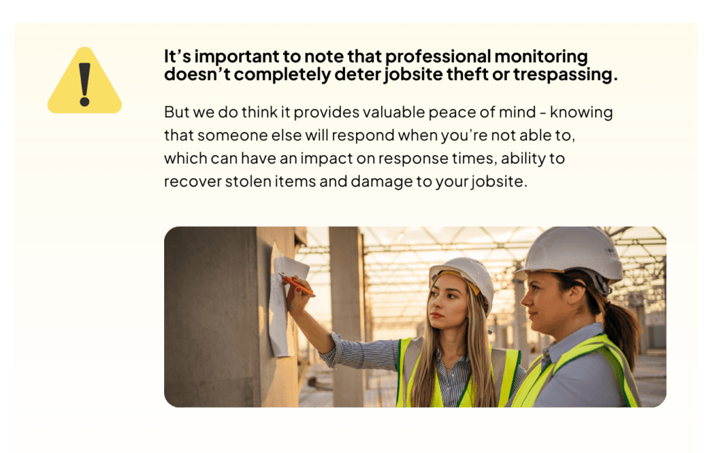 Note that professional monitoring doesn't completely deter jobsite theft, with two workers reviewing plans