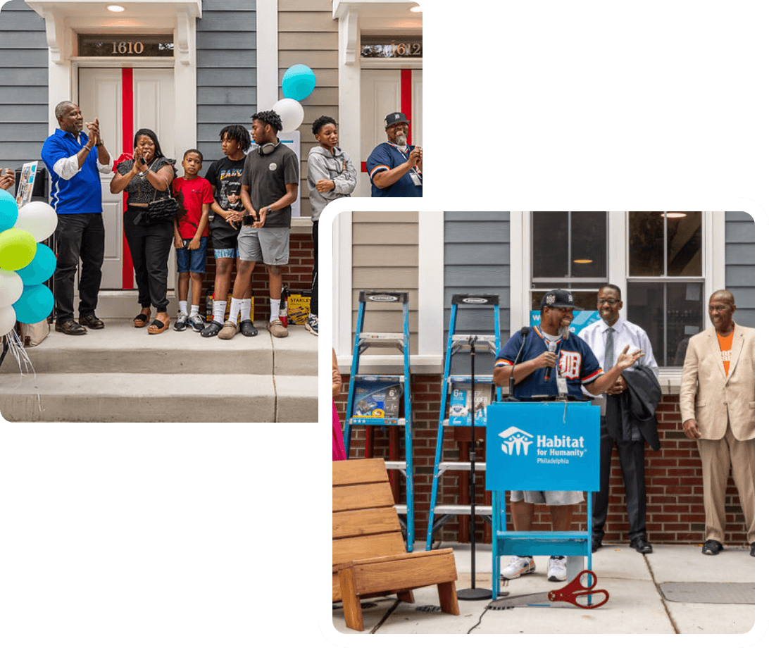 Families and Habitat for Humanity volunteers celebrating new homes at a ribbon-cutting ceremony