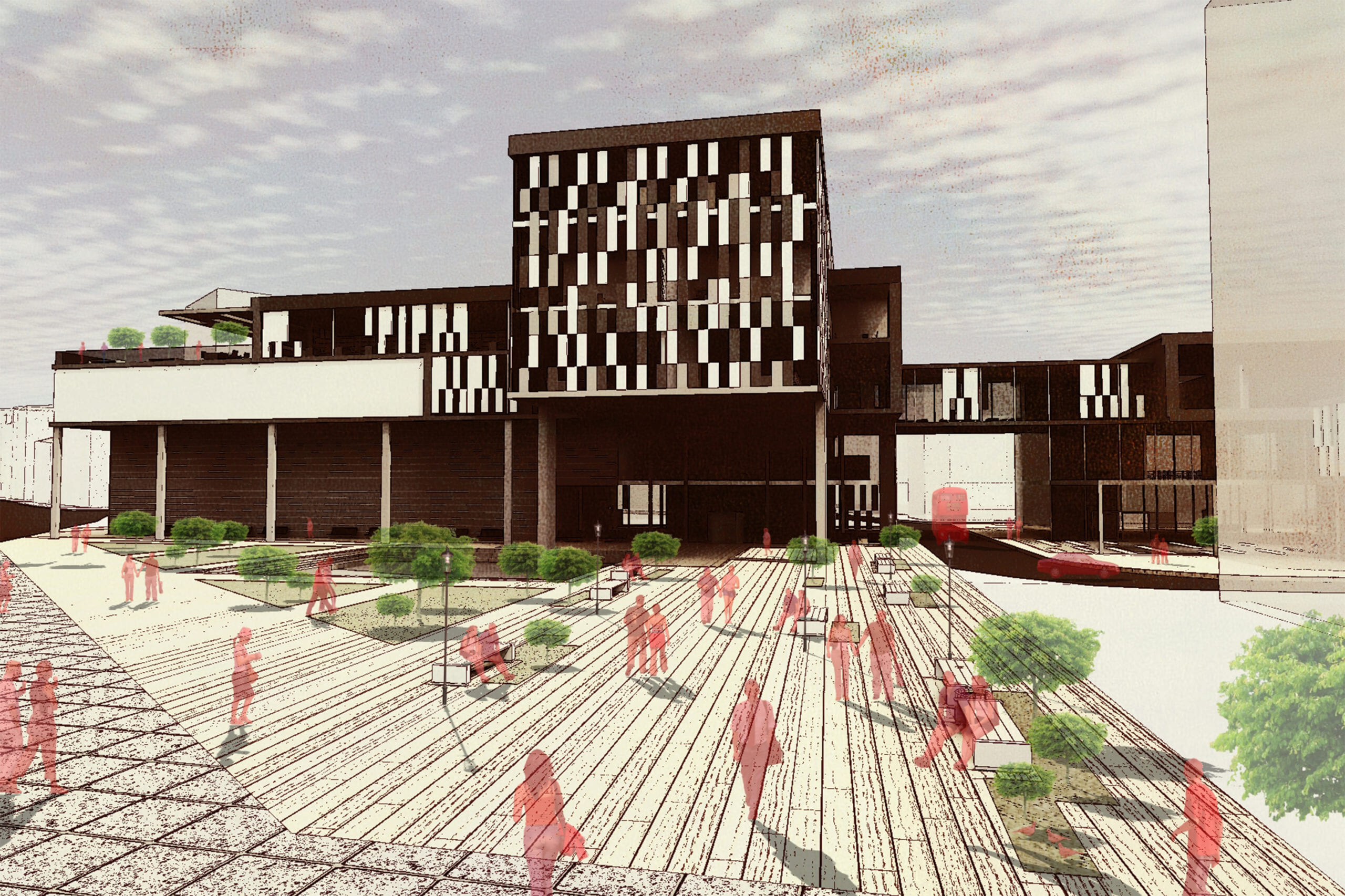 Architectural rendering of a modern building and plaza