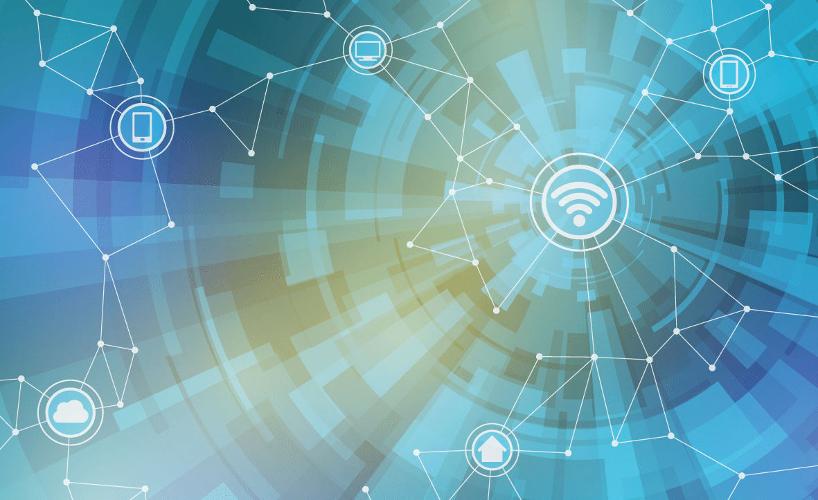 Abstract network graphic with connected device icons