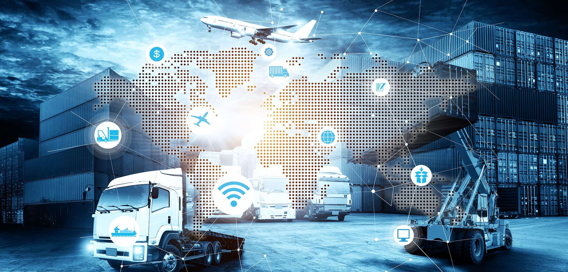 Logistics network graphic with trucks, ships, and planes