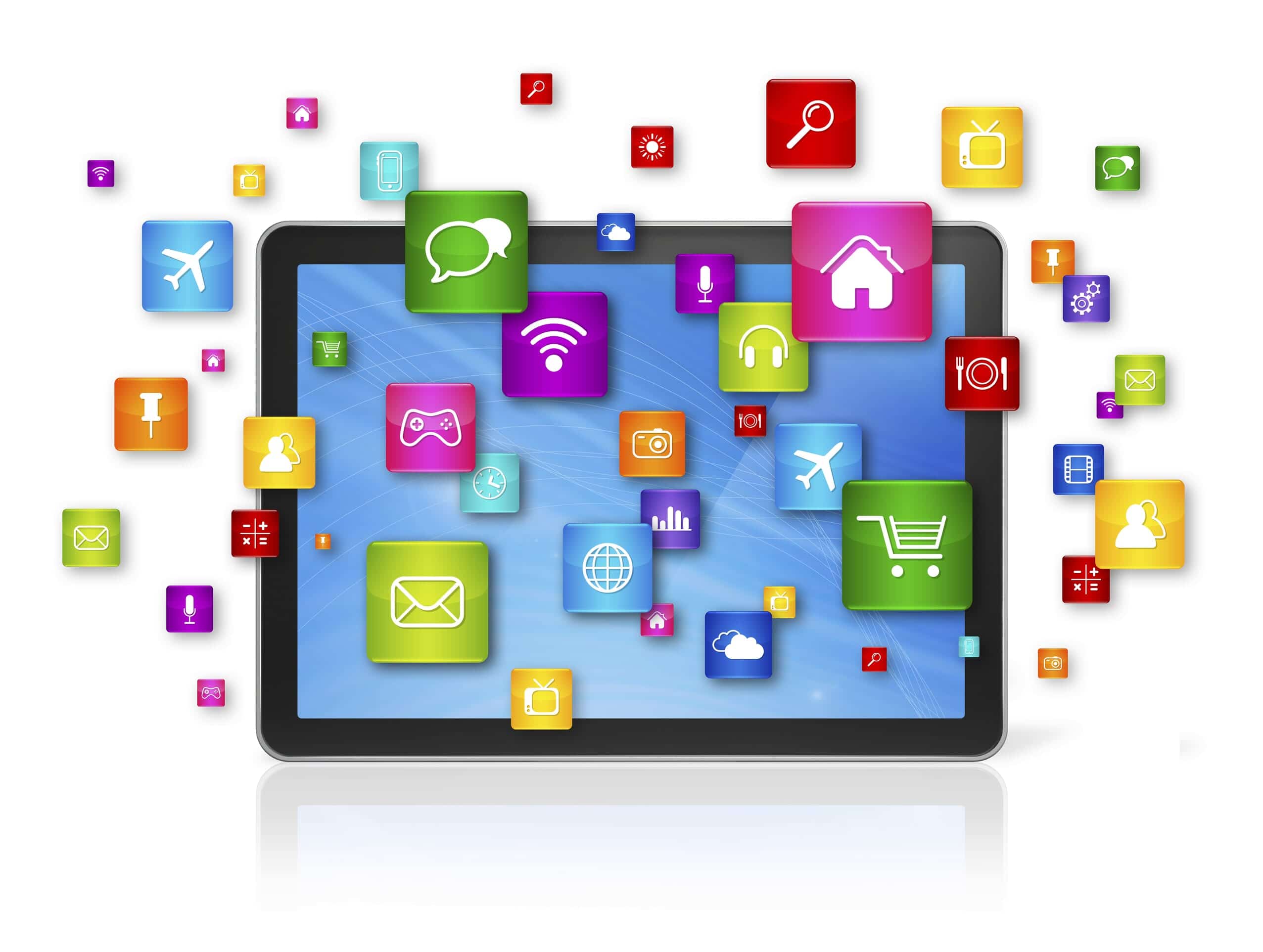 Tablet surrounded by app icons