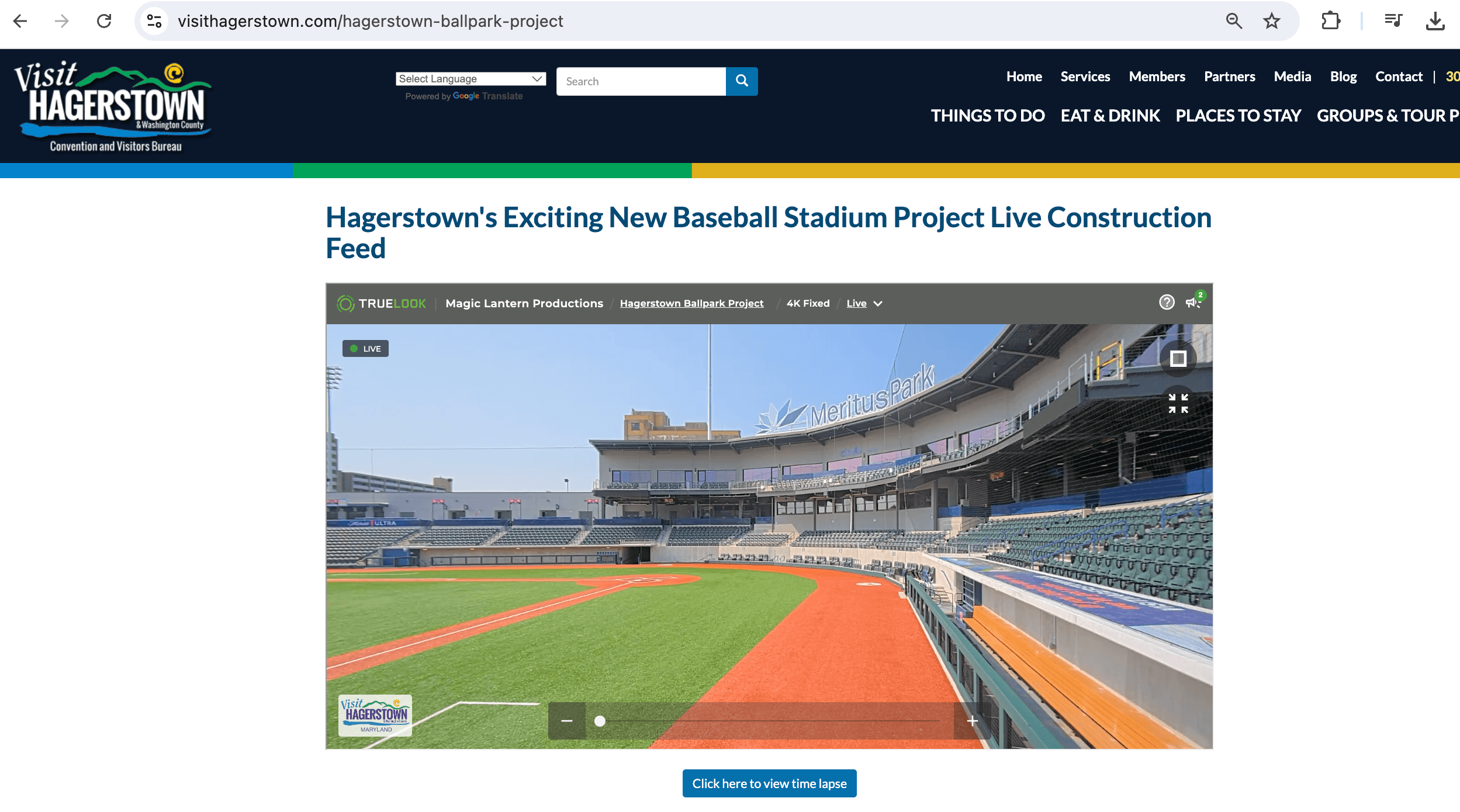 Screenshot of Visit Hagerstown website with the live TrueLook camera feed watching the new baseball stadium construction