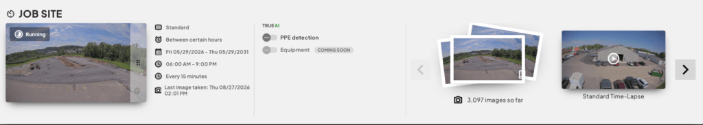 Screenshot of TrueLook construction cameras platform on the time-lapse page, showing all of the progress documented