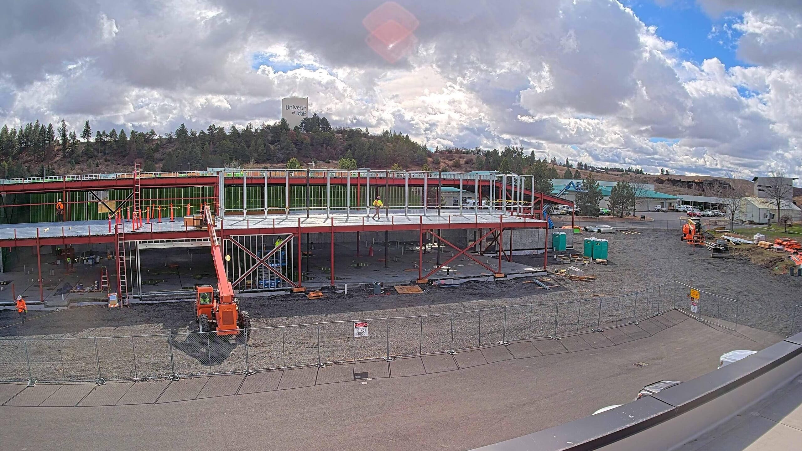 Steel beams being installed on the new University of Idaho Meat Science and Innovation Center captured by a construction camera