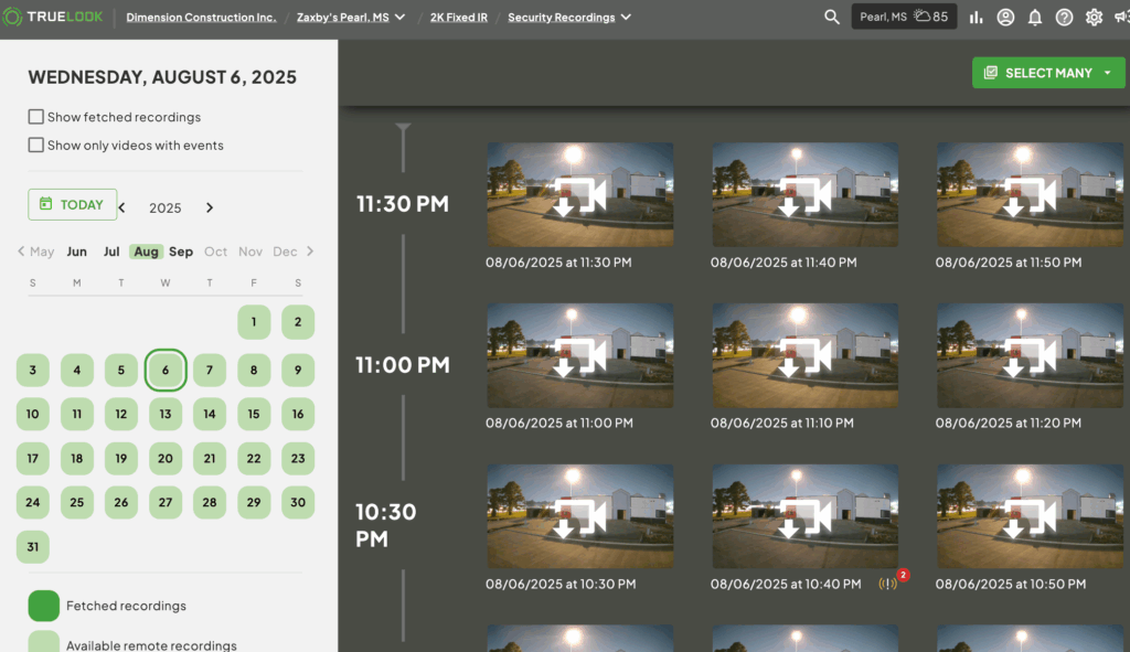 Screenshot of security recordings in the TrueLook platform showing how Dimension Construction kept an eye on the site and was able to fetch any recordings for documentation