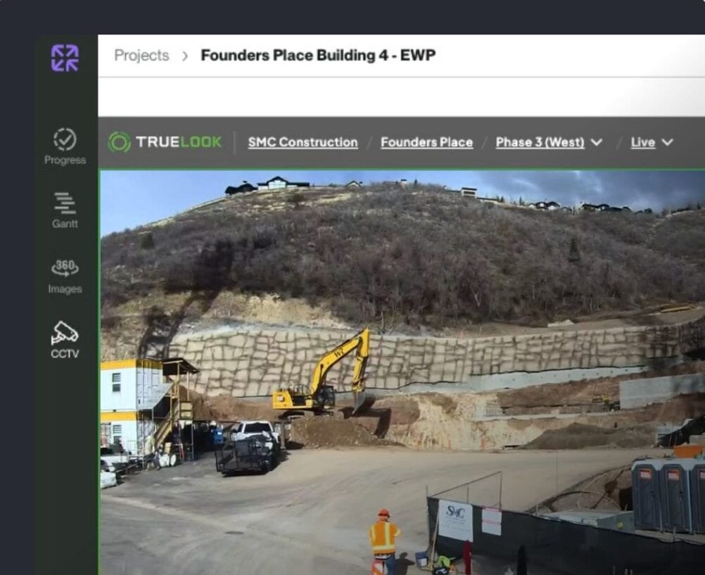 OnsiteIQ project view showing a TrueLook live camera feed of an excavation site
