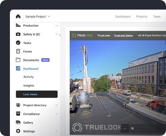 Raken project dashboard with an embedded TrueLook live camera view of a jobsite