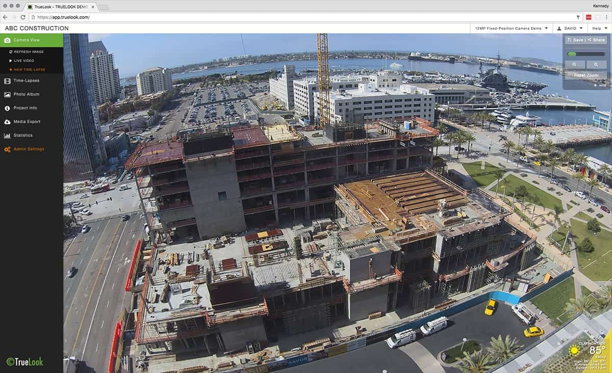 TrueLook web interface showing a camera view of a downtown construction site