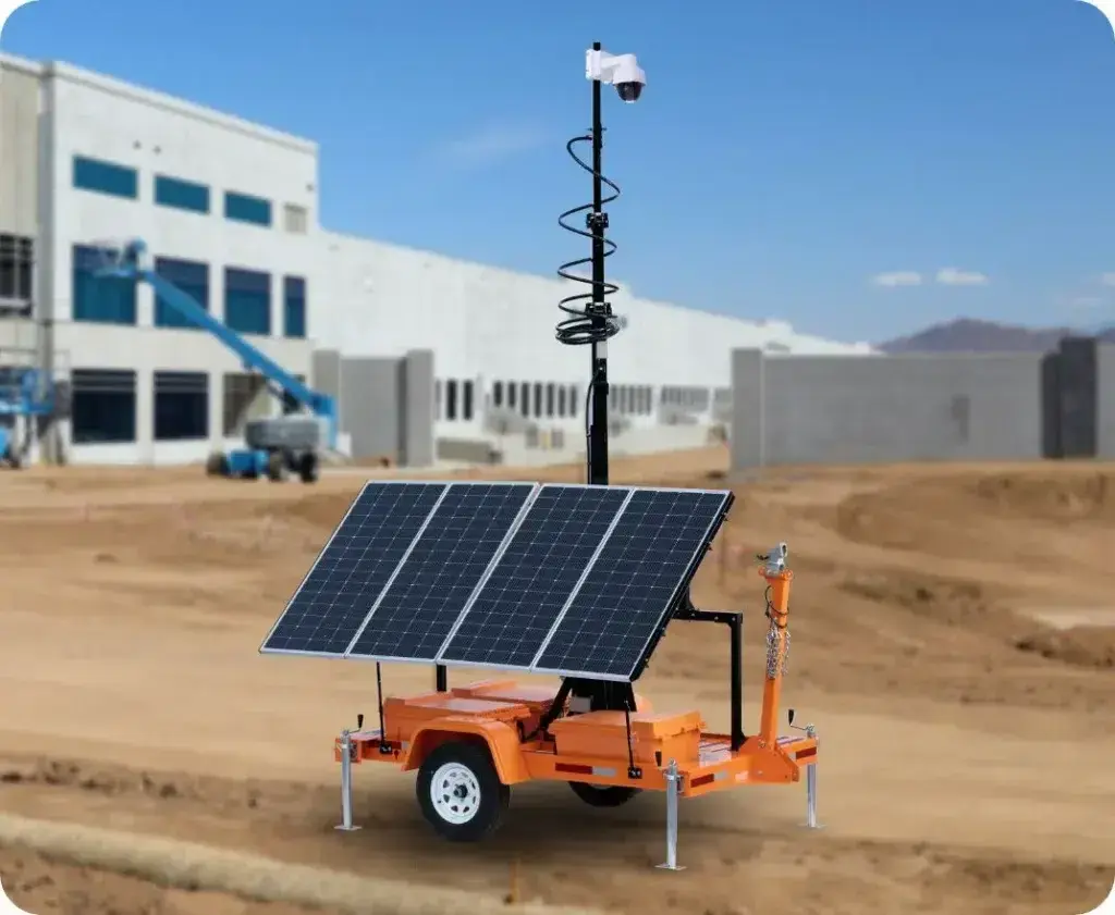 TrueLook Mobile Surveillance Trailer on an active construction site monitoring the project and keeping the site secure