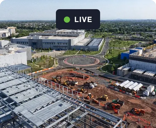 Construction site live monitoring solution showing the view of an active construction site with a live sticker on it 