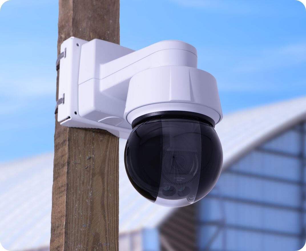 TrueLook 4K IR pan-tilt-zoom dome camera mounted on a wooden utility pole
