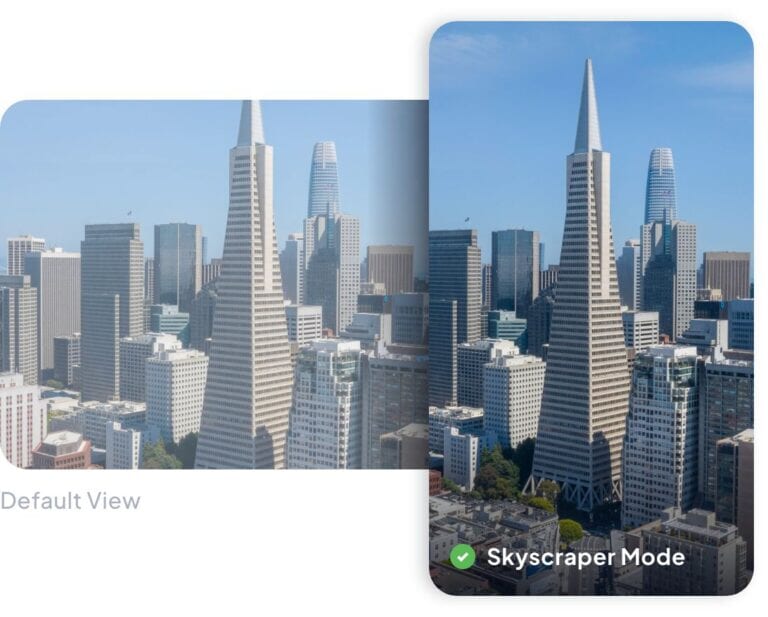 Comparison of default camera view and Skyscraper Mode framing a tall city skyline