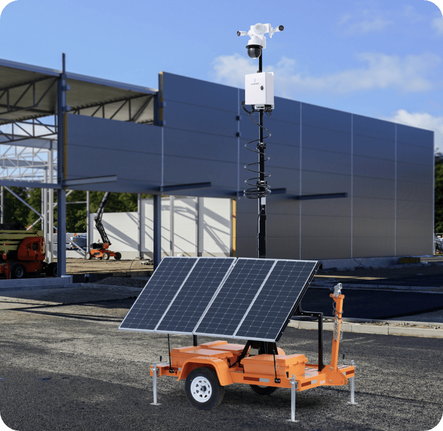 TrueLook mobile surveillance trailer with a mobile security camera attached on top near a data center or commercial construction project