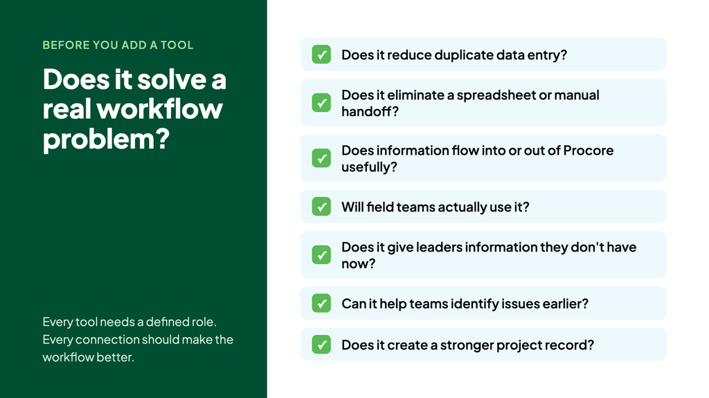 graphic showing you seven questions to ask before you add a tool such as a procore integration in construction