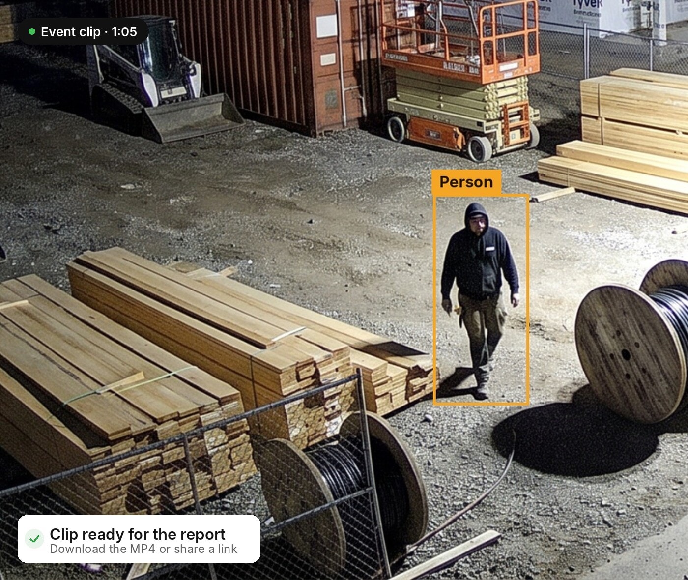 Jobsite monitoring event clip ready for a police report