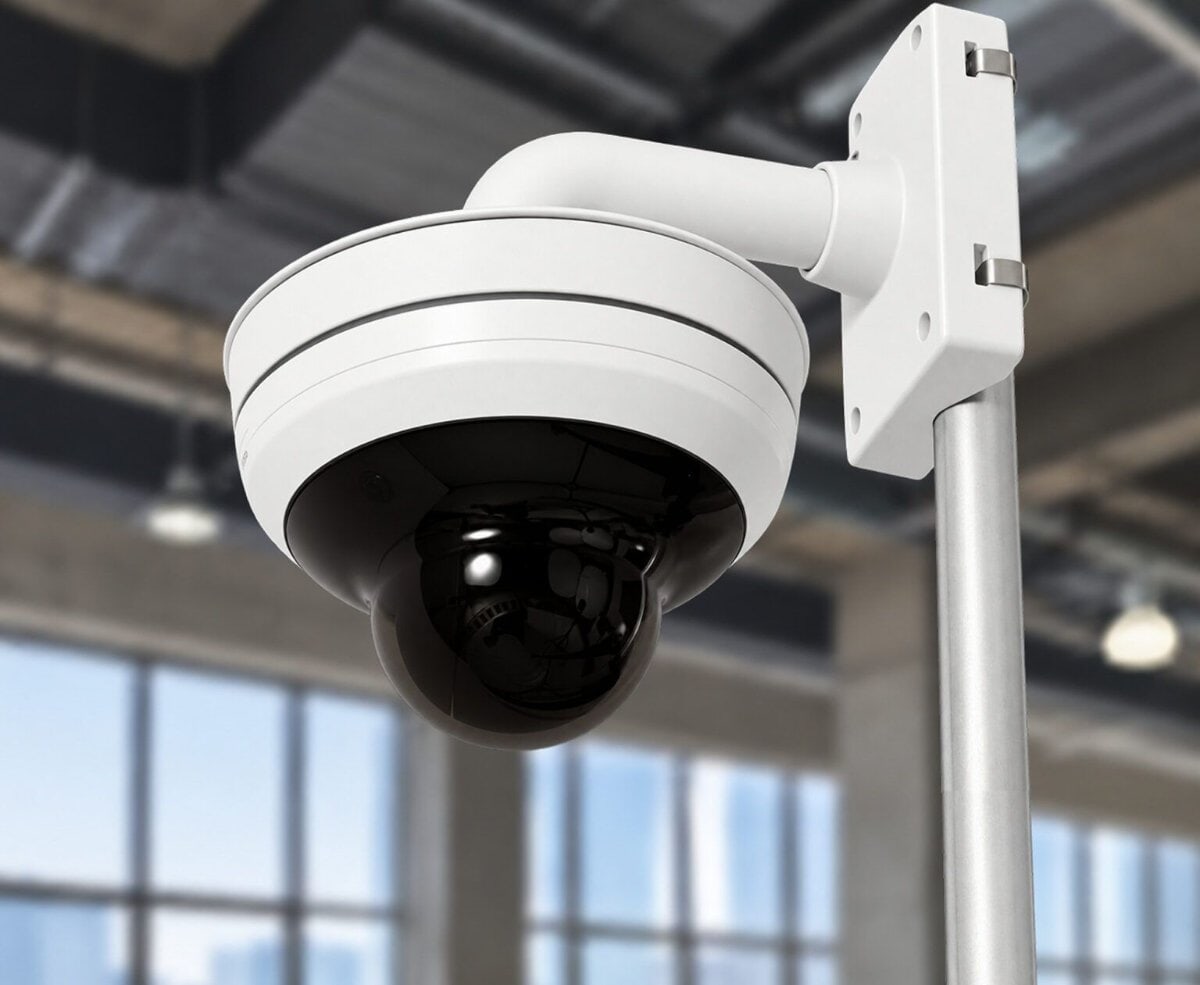 TrueLook interior dome camera on a pole mount inside a building under construction