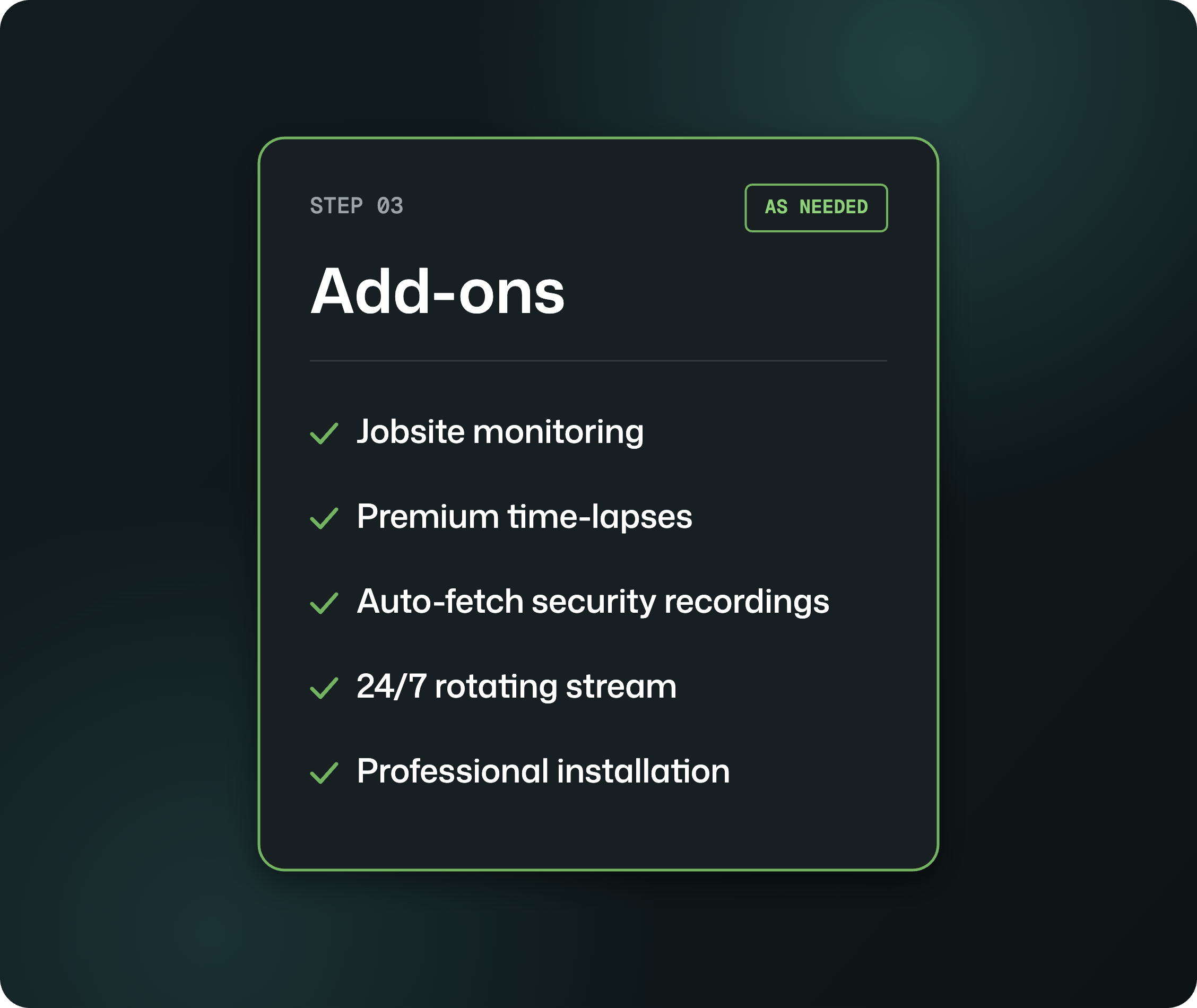 TrueLook add-ons: jobsite monitoring, premium time-lapses, auto-fetch security recordings, 24/7 rotating stream, and professional installation