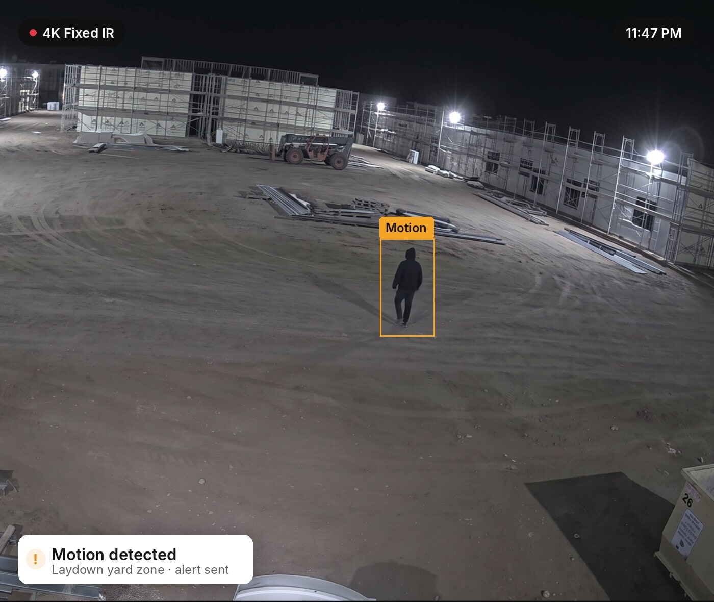 TrueLook camera detecting a person in a motion zone at 11:47 PM
