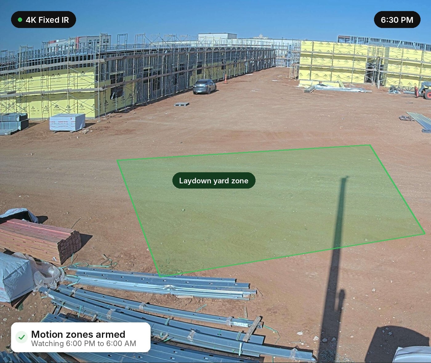 Construction site in the evening with a TrueLook motion zone armed for the night