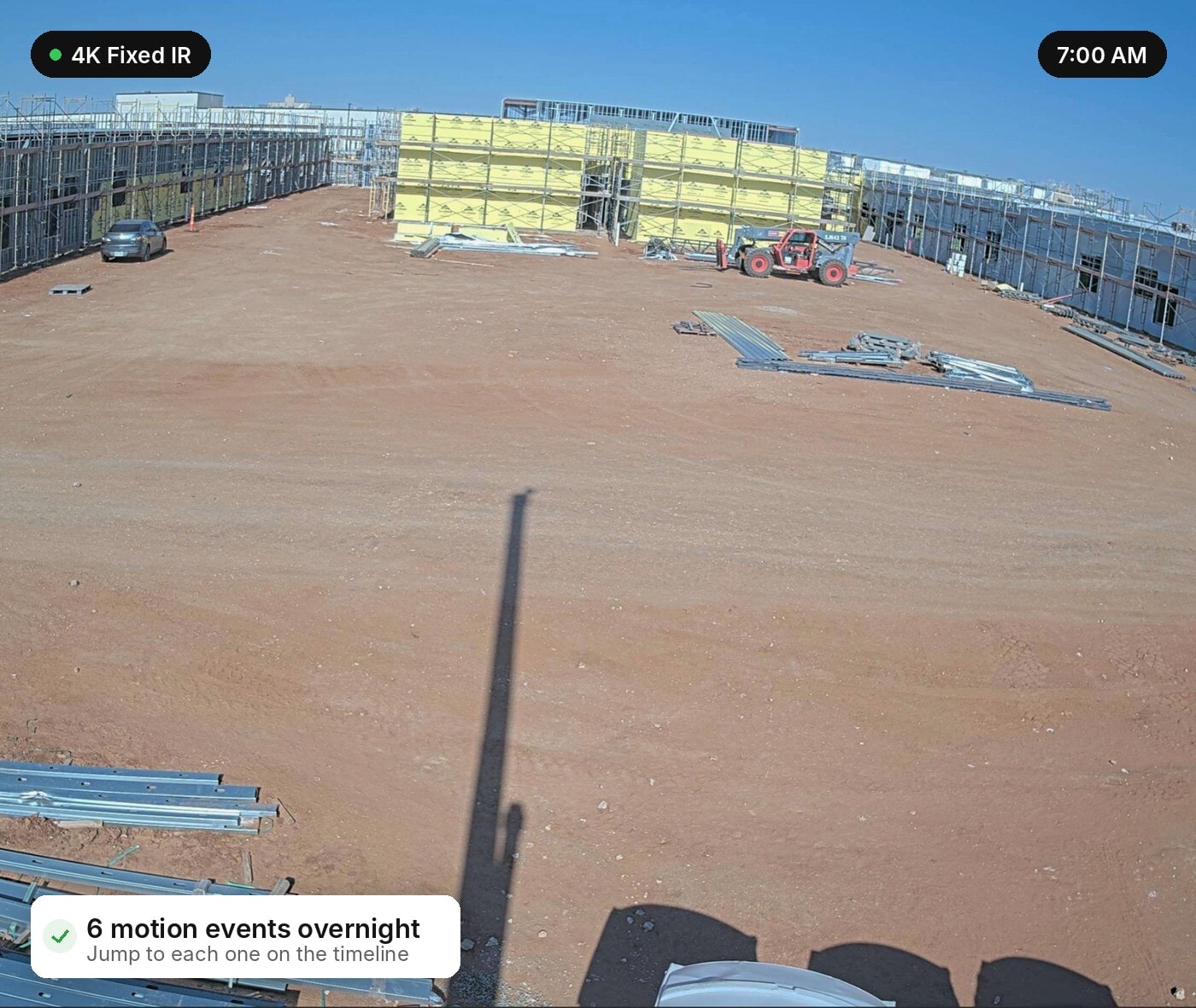 Construction site in the morning with a summary of overnight motion events