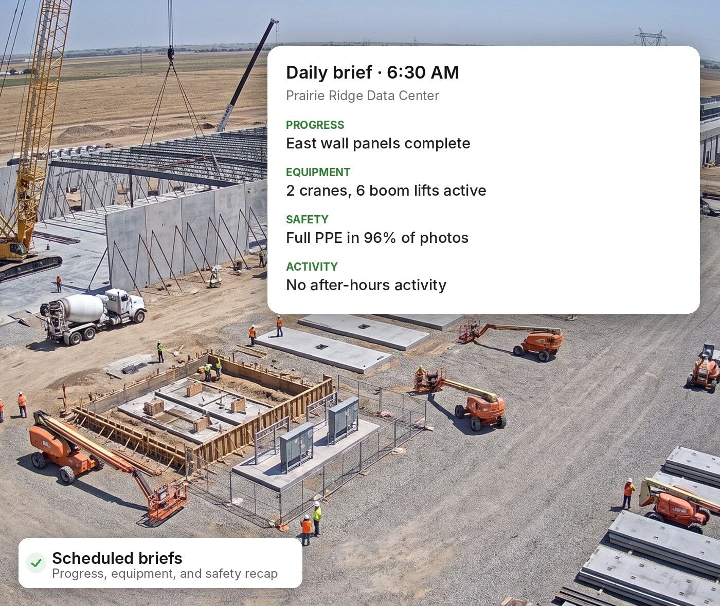 TrueAI daily brief over a data center construction site