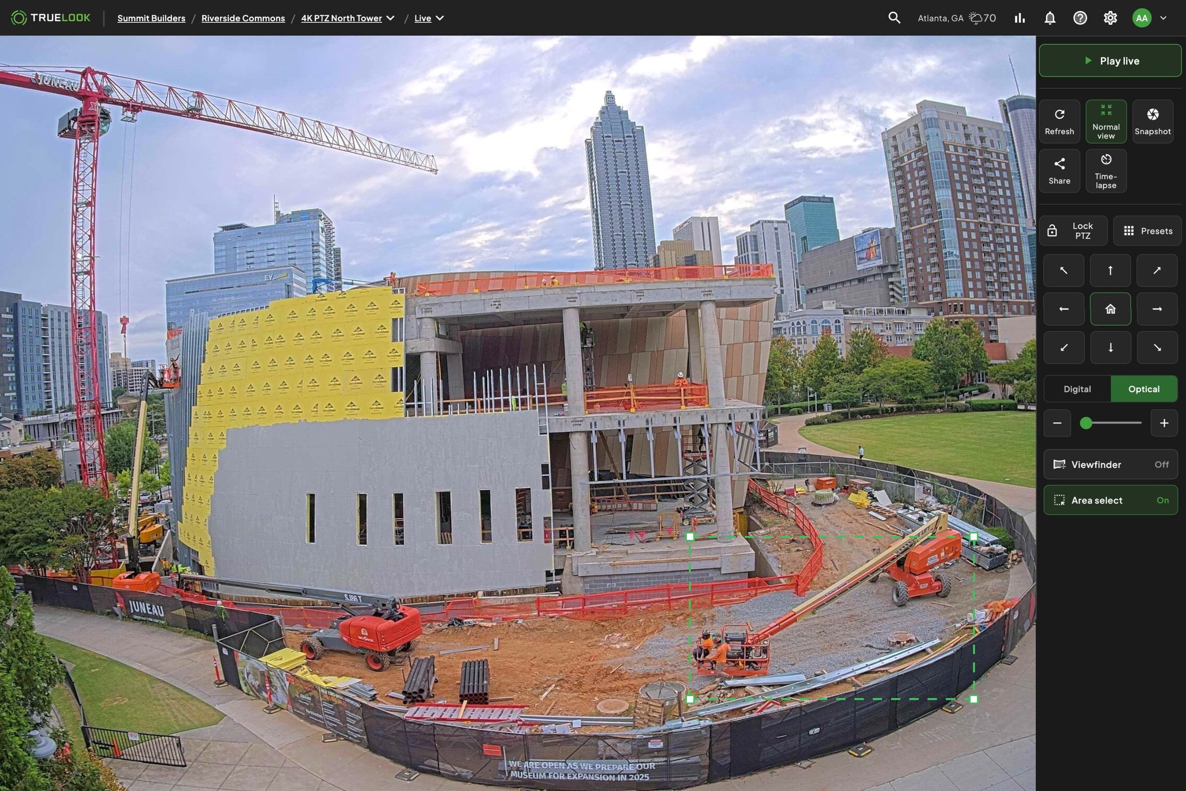 Selecting an area of the jobsite to zoom in with a PTZ construction camera