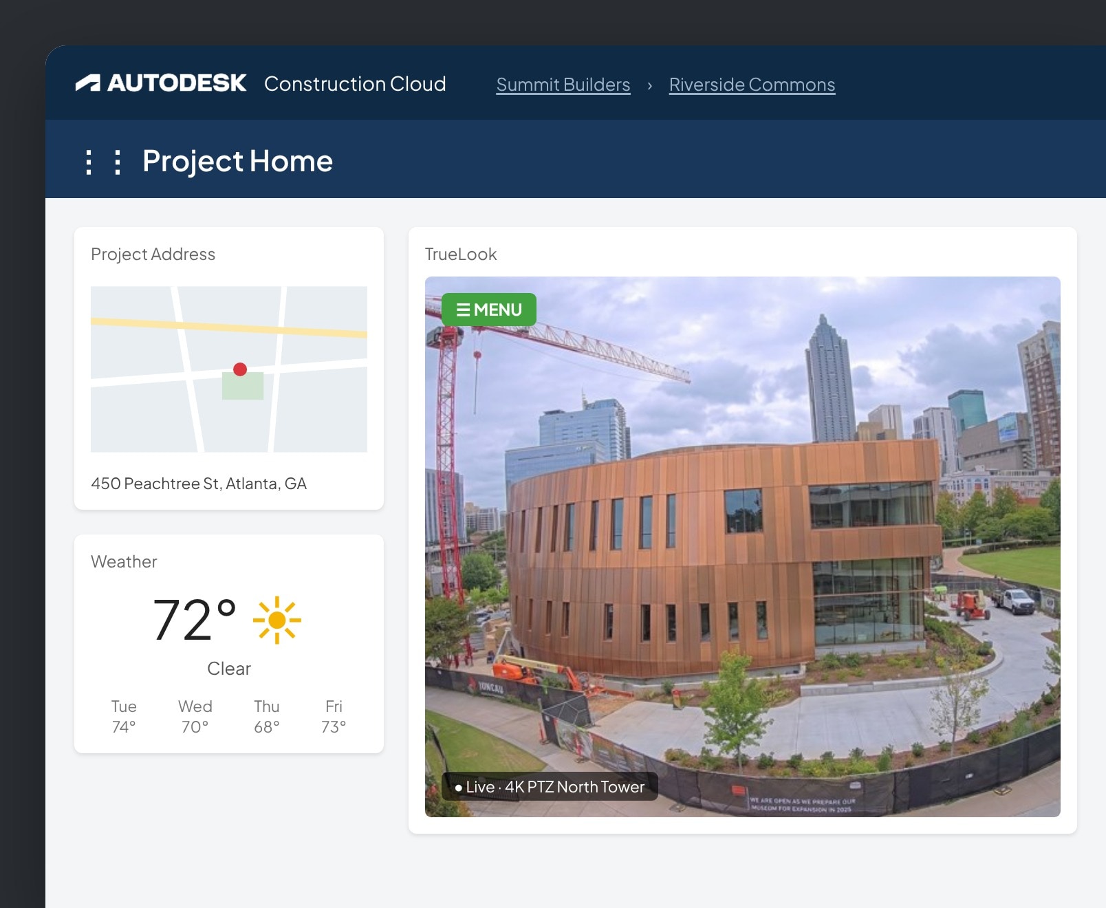 TrueLook live camera card on an Autodesk Construction Cloud project home