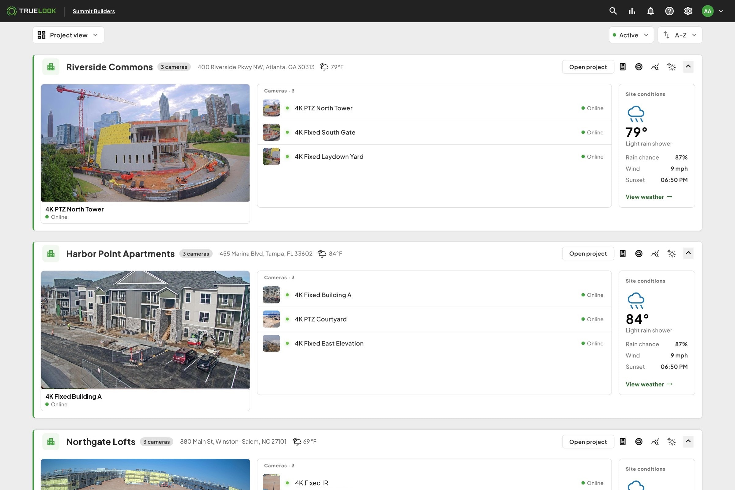 TrueLook dashboard showing every jobsite camera, camera status, and weather in one place